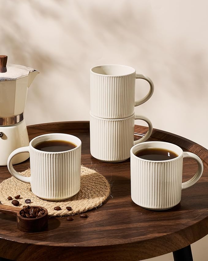 famiware Coffee Mug Set for 4, Star 12 oz Catering Mugs Cup Set with Handle for Coffee, Tea, Cocoa, Milk- Ceramic Stoneware Drinkware Set, Oat