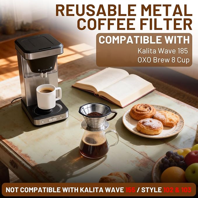 Reusable Coffee Filters for Kalita Wave 185 & for OXO Brew 8 Cup Coffee Maker,Stainless Steel Coffee Filter with Brush Replace Paper Filters, Easy Cleaning & Sustainable for Brewing