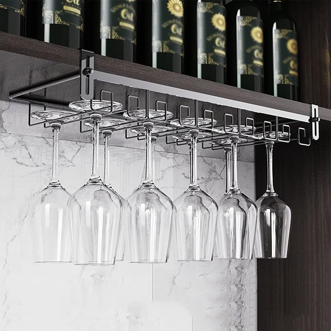 V3VOGUE Under Cabinet Wine Glass Rack, Punch-Free Stemware Rack, Hanging Stemware Holder, Adjustable Under Shelf Glasses Storage Hanger, Metal Organizer, for Cabinet Kitchen Bar