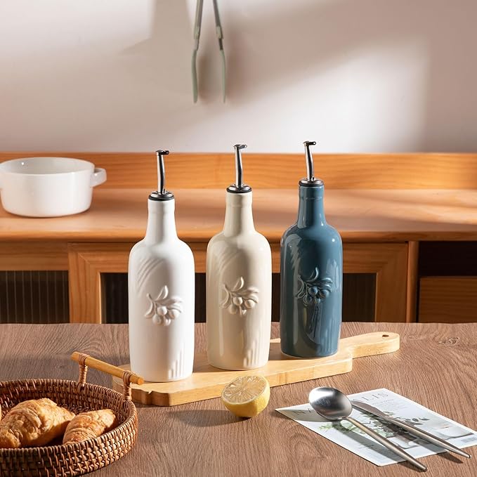 Sweejar Ceramic Olive Oil Dispenser Bottle, 17 FLOZ Oil Bottle with Spout，Porcelain Oil Dispenser for Kitchen,Cooking, Evoo, Vinegar, Soy Sauce, Pack of 1 (Fog blue)