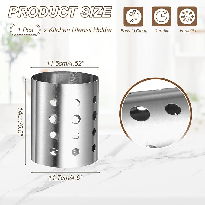 uxcell Kitchen Utensil Holder, 4.6x5.5 Stainless Steel Utensil Cutlery Holder Oval Flatware Organizer with Drain Hole for Kitchen Restaurant Countertop Straw, Spoon, Chopstick, Silver