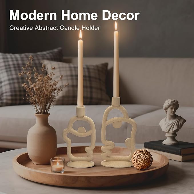 Face Decorative Taper Candle Holder - Modern Abstract Creative Face Candlestick Holder for Table Centerpiece, Beige Medium Candle Sticks Holder Decor for Home Dinning Party Birthday Housewarming Gifts