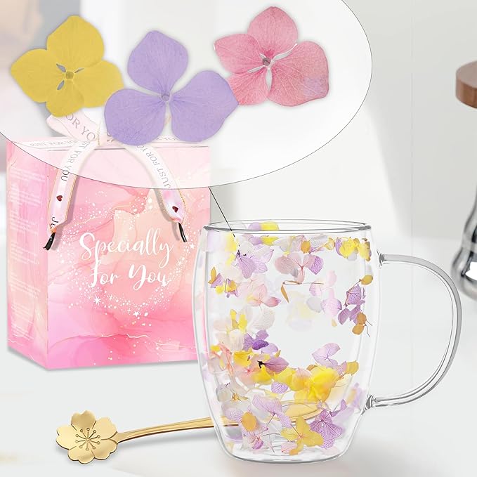Double Wall Glass Coffee Mugs, Aesthetic Dried Flowers Cups with Handles,Espresso Cups for Cappuccino Coffee Tea Milk,Insulated Heat Resistant Glass Mug Christmas Birthday Gifts for Women