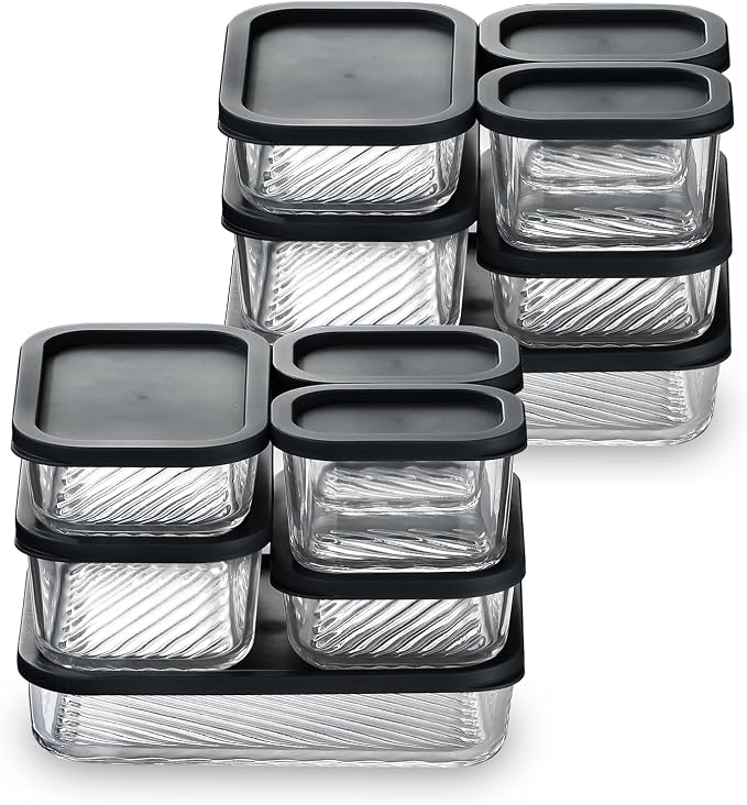 EATEX Grooved Base Glass Meal Prep Containers, 12 Pack Glass Food Storage Containers with Lids for Meal Prep & Lunch, Microwave Oven Freezer Dishwasher Safe, Anti Moisture Non-Stick Design - Black