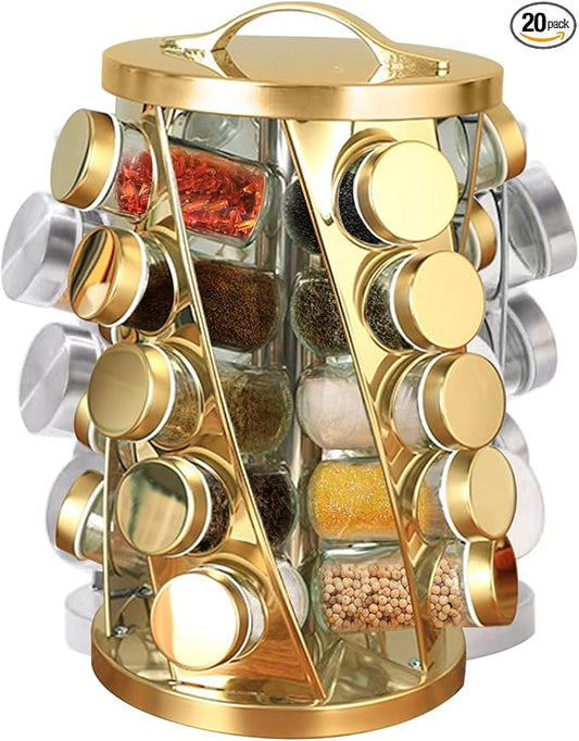 Portable Stainless Steel Spice Rack with 20 Spice Jars Included Revolving Spice Organizer for Kitchen Tower Storage Rack for Spices and Seasoning Gold