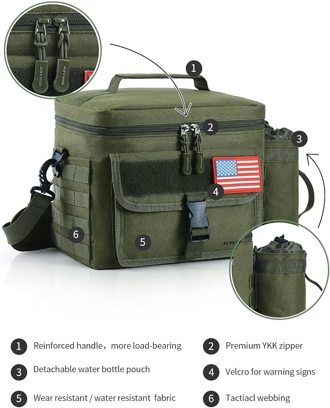 JOYHILL Tactical Lunch Box for Men, Insulated Lunch Bag with Detachable Bottle Pouch Holder, Large Durable Thermal Cooler Bag for Adult, Leakproof Bag for Work, Camping, Picnic, Black,13 L/18 Can