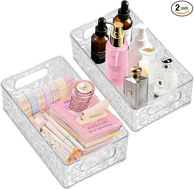 2 Pack Clear Plastic Acrylic Storage Bins,Multi-Purpose Cabinet Organizers,Stackable Pantry Containers for Home Kitchen,Bathroom Office Closet Garage Freezer Fridge（Transparent）
