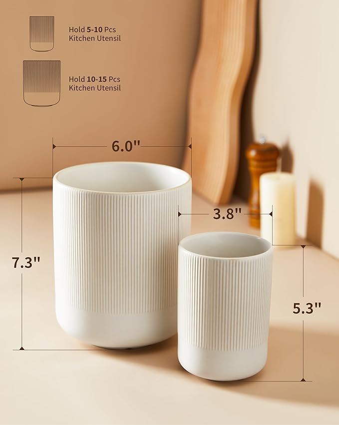 Pokini Utensil Holder, 7.3"+5.3" Large Ceramic Kitchen Utensil Holder for Countertop, Cooking Utensil Holder for Kitchen Counter, Kitchen Tool Holder, Modern Farmhouse Decor, Matte White