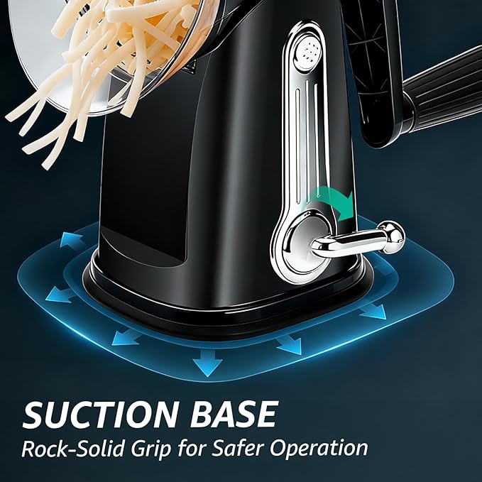Rotary Cheese Grater Hand Crank - Cheese Shredder with 5 Blades & Strong Suction Base, Mandoline Slicer Vegetable Chopper, Kitchen Gadgets with Storage Box, Black