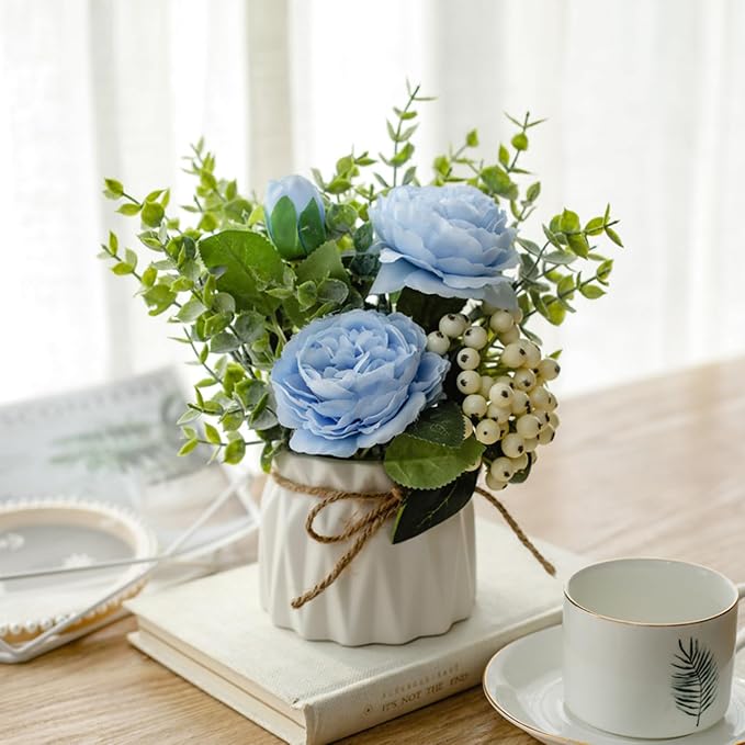 EOBTAIN Fake Flowers with Vase Blue Silk Flowers for Coffee Table Decor Faux Potted Flowers Decoration for Indoor Ceramic Vase with Artificial Flowers Home Decor,Dining Table Centerpiece.