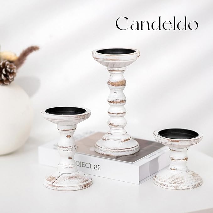 Candeldo Wood Candle Holders for Pillar: Rustic Candles Holder Set of 3 Tall Table Centerpiece Shabby Chic Decor Wooden White Farmhouse Decorations for Fireplace Mantle