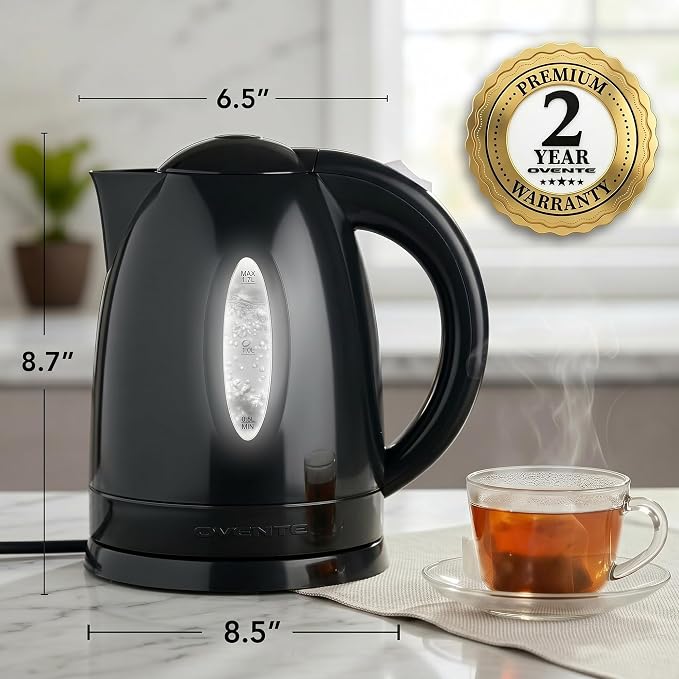 OVENTE Electric Kettle, 1.7L Fast Boiling Water Heater for Coffee or Tea, BPA Free with Water Level Gauge, Auto Shut-Off, Boil-Dry Protection, Indicator Light and Removable Filter, Black KP72B