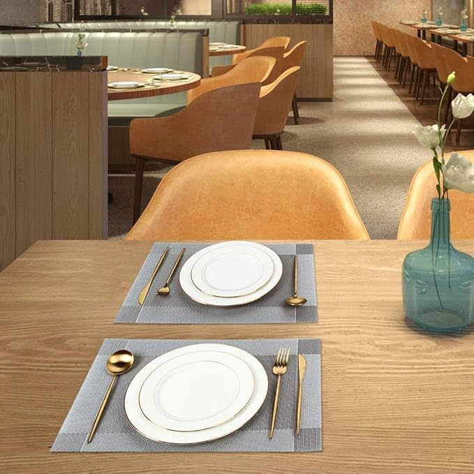 DACHUI Placemats Set of 4, Linen Look Woven Place Mats, Water Resistant, Heat Resistant, Washable, Durable Table Mats (Silver Grey)