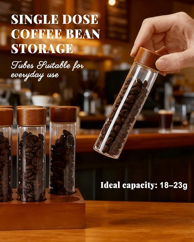 Coffee Espresso Bean Storage Tubes Set – 12pcs 60ml Airtight Glass Single Bean Coffee Storage Tube with Bamboo Lids & Walnut 12-Slot Stand, Espresso Container with Funnel & Labels for Barista