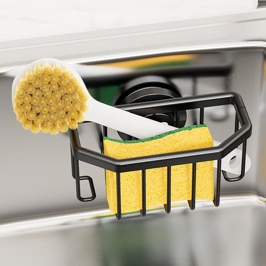 TAILI Sponge Holder with Strong Suction Cup, Dish Sponge Caddy Inside Sink Removable, Rustproof Aluminum for Sponges, Brushes, Stoppers and Scrapers - Black