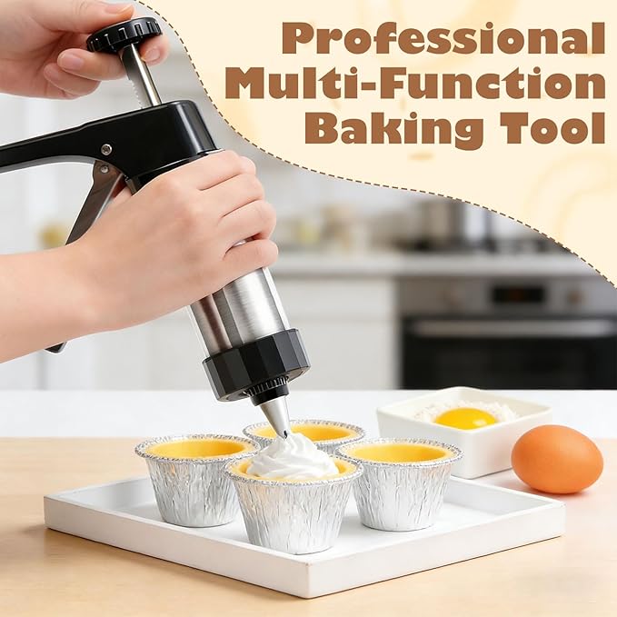 Cookie Press Gun Kit, Stainless Steel Spritz Cookie Press with 13 Discs & 8 Icing Piping Tips, Baking Cookie Maker, Icing Decorating Gun for Cookies Cakes Pastry Dessert Baking Decoration