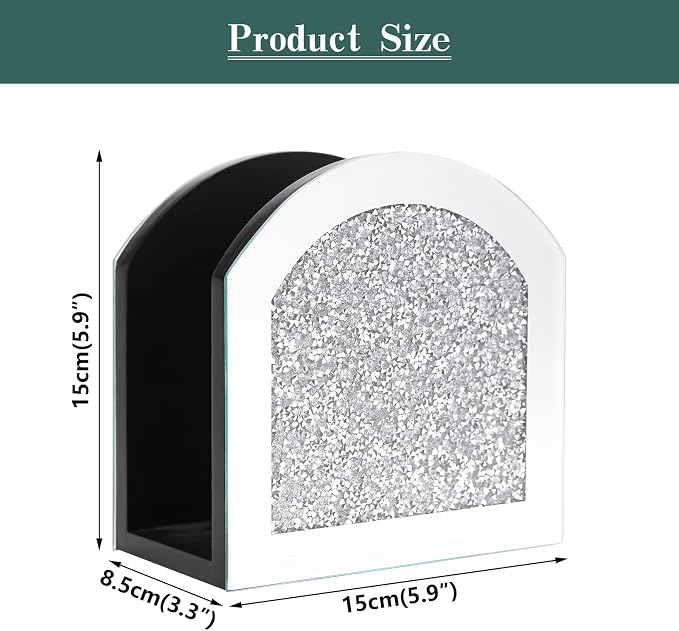 Mirror Napkin Holder with Crushed Diamond, Bling Glass Silver Napkin Holder for Dining Table Kitchen Countertop and Home Décor