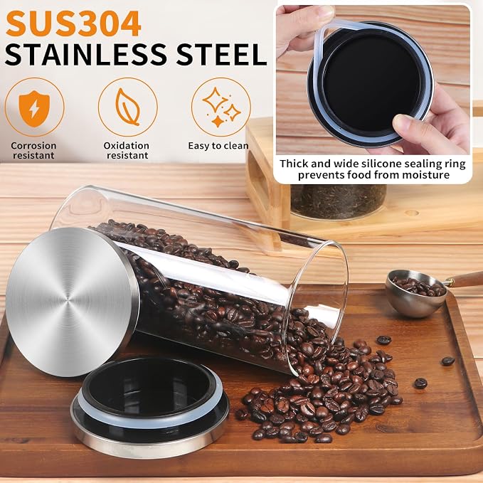 DTUQYX Coffee Container Set, Glass Canister with Airtight Lids, Stainless Steel Scoops, 45oz Coffee Bean Storage Jars with Shelf and Spoon(3 Jars)