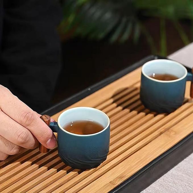 2.5oz Ceramic Espresso Cups with Wooden Handle, Chinese KungFu Tea Cup, Coffee Cups Set of 4 (Green/Blue)