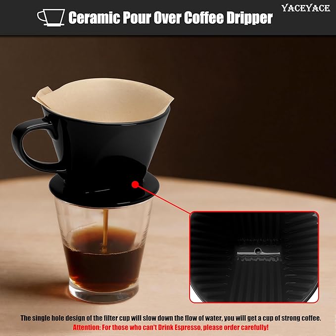 Coffee Pour Over, Ceramic Coffee Dripper with Single Hole, Black Ceramic Coffee Dripper, Slow Filter for Travel, Home, Camping, Office
