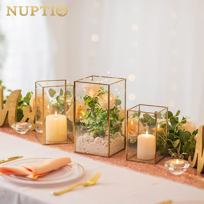 Nuptio Glass Hurricane Candle Holder Set of 6 Gold Pillar Candle Holders Large Rectangular Candleholder Table Centerpieces Decoration for Wedding Party Thanksgiving Ornaments 9.5 & 8.1 & 6.5 inch