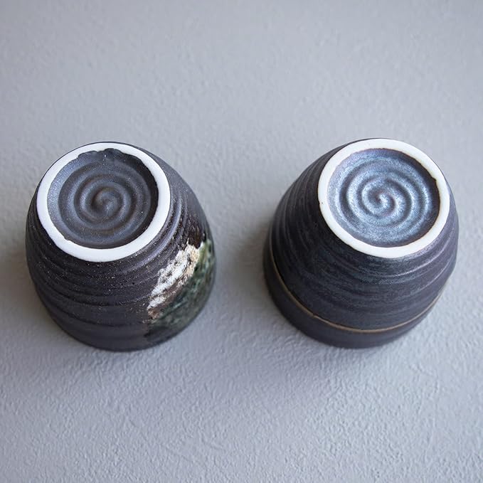 Asayu Japan Handpainted Glazed Ceramic Tea Cups Set of 2, 6.7oz (200ml), Made in Japan MIno Ware Pottery Glass for Hot and Cold Drinks - 2PCS Tea Cup Set, Metallic Dark Brown