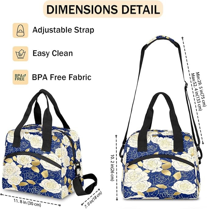 Pardick Roses Flower Blue Insulated Lunch Bag for Women Leakproof Lunch Box Large Cooler Thermal Tote Bag with Shoulder Strap Meal Prep Bags for Work School Office Picnic Teen Girls Adult
