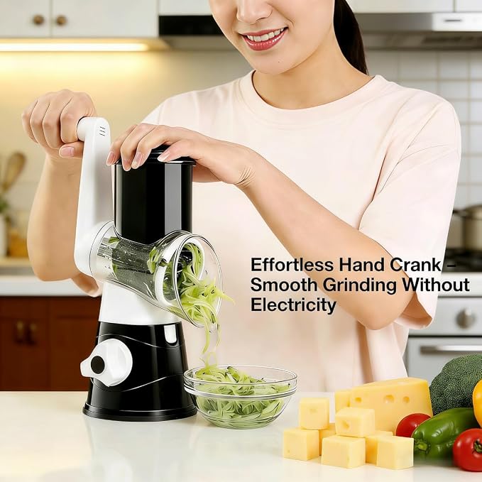 3-in-1 Rotary Cheese Grater, Hand Crank Shredder with 3 Interchangeable Blades for Cheese, Veggies, Nuts, Black