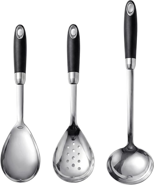 304 Stainless Steel Spoon Set, Soup Ladle, Solid & Slotted Cooking Spoons, Non-Slip Heat-Resistant Handles, Dishwasher Safe Kitchen Tools,Stainless Steel Large Serving Spoons Set pack of 3