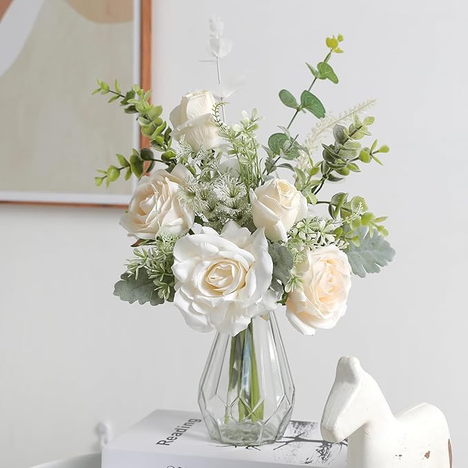 Artificial Flowers with Vase,White Silk Roses and Fake Plant Eucalyptus in Vase,Faux Flower Arrangement with Vase Suitable for Home Office Decoration, Living Room and Dining Table Centerpiece