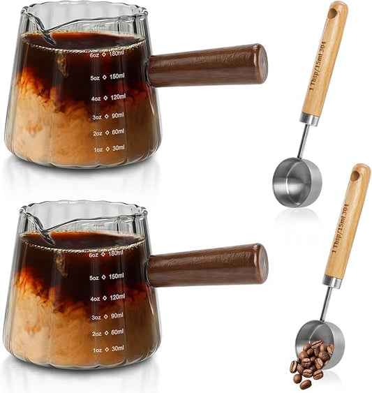2Pcs Espresso Shot Glass, 6oz Espresso Cups with 2Pcs Coffee Measuring Spoon, Expresso Shot Cup with V-Shape Mouth, Milk Frothing Pitcher, Glass Measuring Cup Expresso Accessories (Grey)