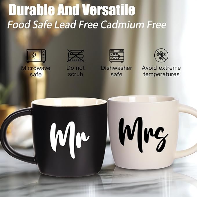12 oz Mr and Mrs Mug, Ceramic Coffee Mug for the Couple, Ideal Gift for Engagement, Anniversary, His and Hers, Bride and Groom,Wedding Gifts for Couples 2026 - Set of 2 (Black & White)