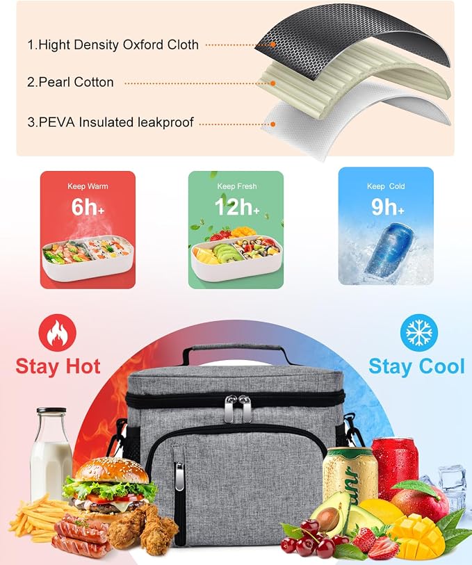 Insulated Lunch Bag for Men & Women, 9L Leakproof Lunch Box Soft Cooler Tote with 5 Pockets, 600D Oxford, EVA Lining, Adjustable Strap for Work, Picnic, Beach&Travel-Grey