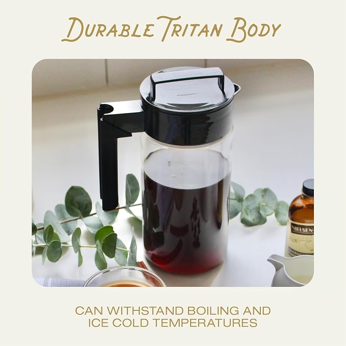 Takeya Deluxe Cold Brew Coffee Maker-BPA-Free Tritan Pitcher with Airtight Leakproof Lid,Silicone Grip Handle, Fine-Mesh Filter-Shatter-Proof, Dishwasher Safe, Made in USA-1 Quart/Black (Pack of 4)