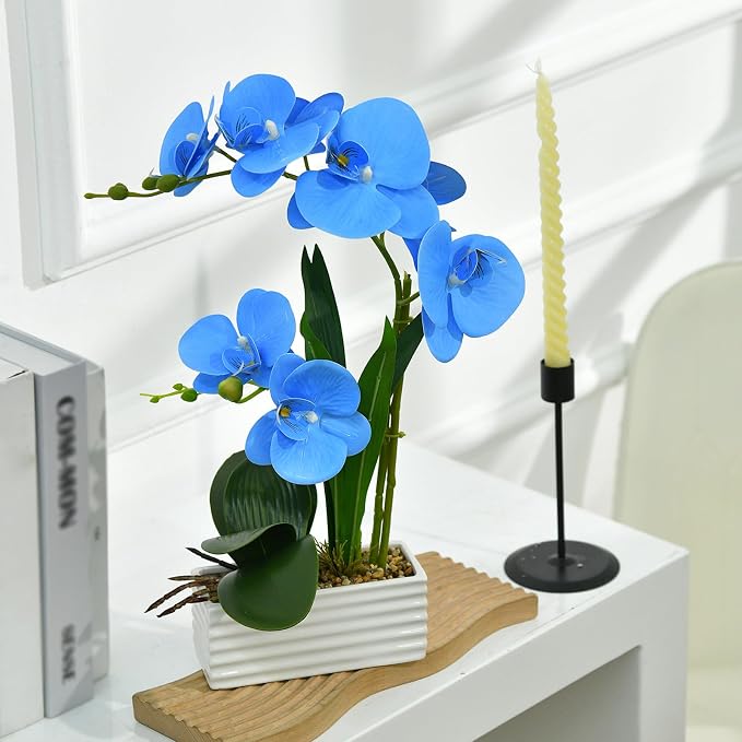 Artificial Real Touch Orchid Flowers in Pot Fake Phalaenopsis Flower with White Ceramic Vase Faux Orchids Arrangement for Home Table Office Wedding Party Decoration (Blue)