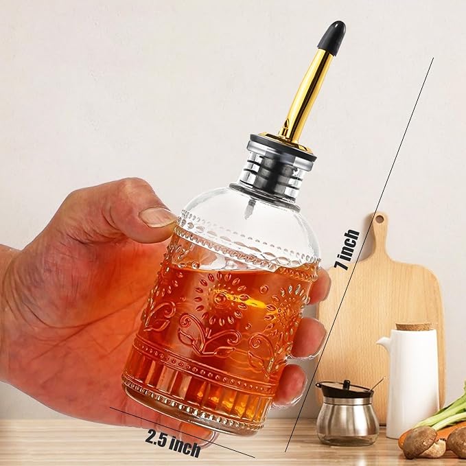 4 Pcs Olive Oil Dispenser Bottle for Kitchen with Metal Spout, 8.5oz Clear Glass Oil and Vinegar Dispenser Set, Elegant Cooking Dispenser for Kitchen Juice Coffee Syrup Honey Syrup (Small Round)