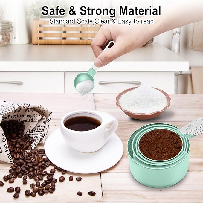 Measuring Cups and Spoons Set, 10 Pieces Nesting Measure Cups and Spoons, Kitchen Essentials Gadgets with Stainless Steel Handle for Dry & Liquid Ingredient (Lake Green 10 Pcs)