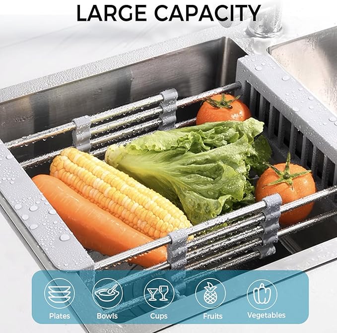COVRA Stainless Steel Over-Sink Dish Drying Rack – Versatile Kitchen Organizer for 11″–19″ Square Sinks – Effortless Drying for Dishes, Fruits & Vegetables (Black)