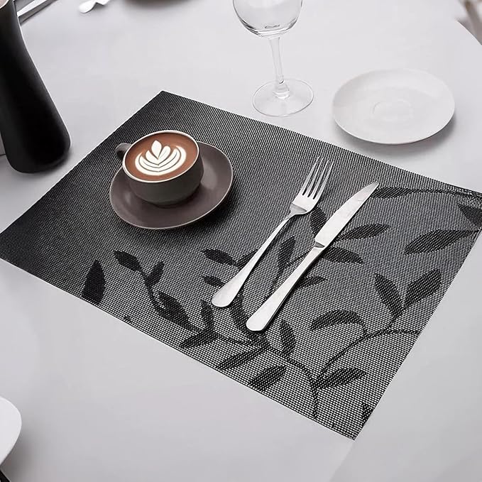 Placemats, Placemats for Dining Table Set of 4, Kitchen Table Mats Heat-Resistant Non-Slip Washable PVC Woven Vinyl Place Mats for Dining Room Table Decoration (Set of 4, Black Leaf)