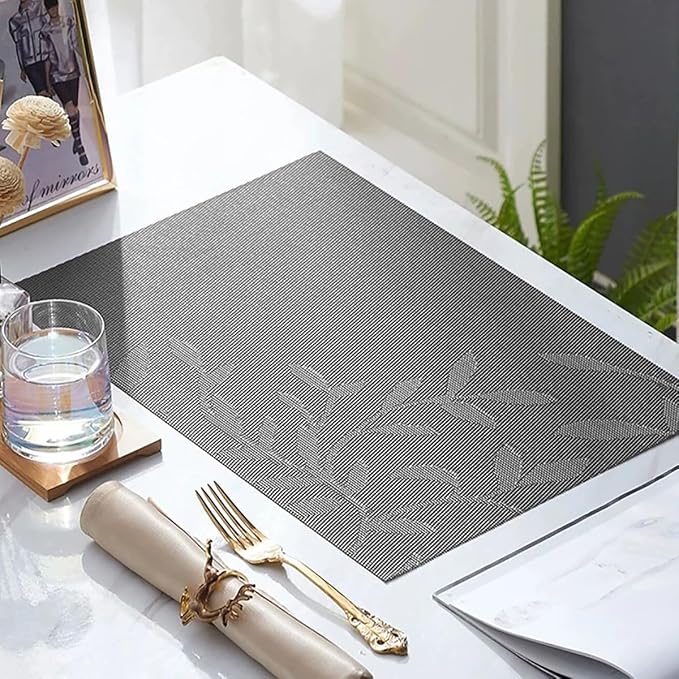 Leaf Placemats Set of 6 Non-Slip Heat-Resistant Vinyl Washable Place Mats for Kitchen Table Indoor Outdoor Durable (18"x12", Black)