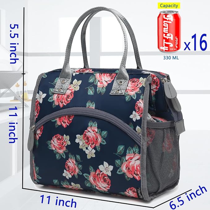 FlowFly Insulated Lunch Bag for Women, Men, Large and Reusable, Handle, Work and Travel Tote and Meal Prep Organizer, Rose