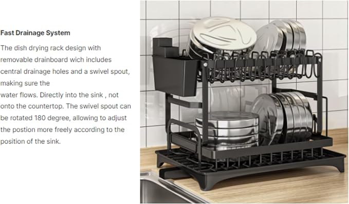 Vallary 2-Tier Dish Drying Rack with Drainboard – Rustproof Steel Kitchen Organizer with Utensil & Cup Holder, Cutting Board & Knife Stand – Space-Saving Countertop Dish Drainer (Black)