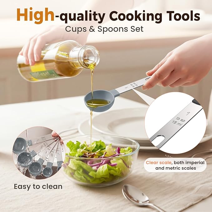 16PCS Measuring Cups and Spoons Set, Measuring Spoon Set with Metric and US Measurements, Fits for Measuring Dry and Liquid (Grey)