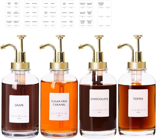 STARSIDE Coffee Bar Accessories 4 Pack - 16.9 oz/500 ml Glass Syrup Dispenser with Leakproof Gold Curved Pumps for Home Coffee, Cafes, Cocktails - Includes 31 Printed Labels, 5 Blank Labels