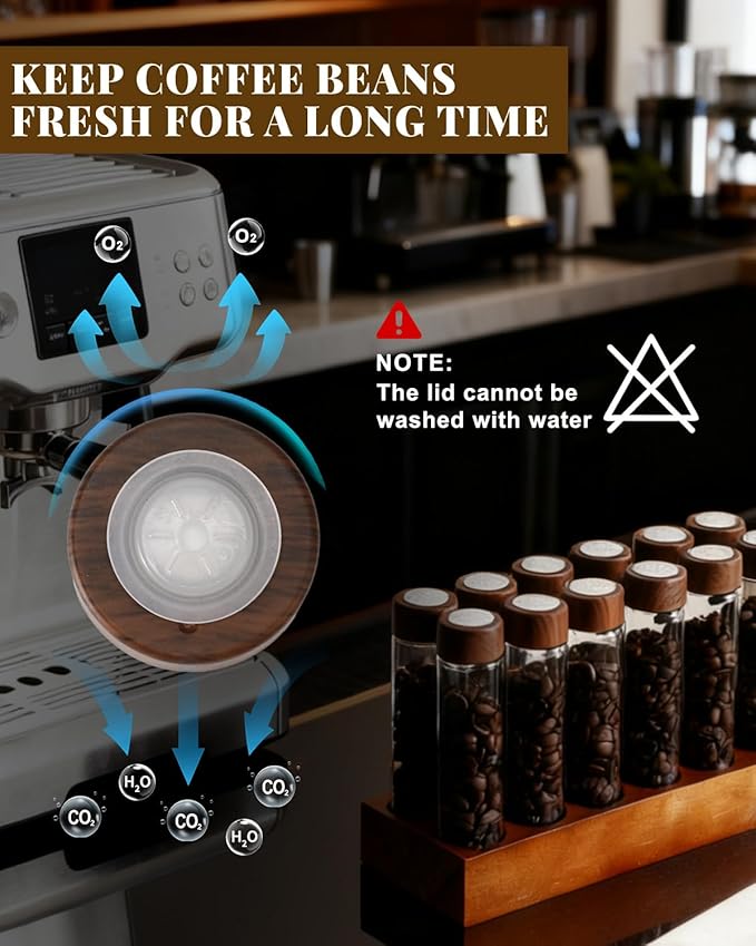 12 Pcs Single Dose Coffee Bean Storage Tubes, Coffee Bean Container for Espresso with One-Way Valve, Espresso Storage kit with Walnut Stand, Collapsible Silicone Funnel & Labels