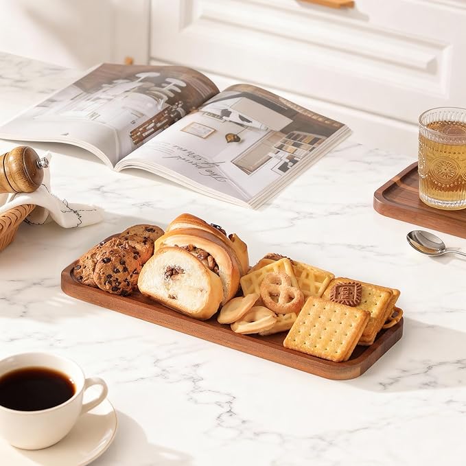 Acacia Wood Serving Platters and Trays - 14" x 5.5" Wooden Mini Charcuterie Boards, Small Cheese Board, Rectangle Wooden Tray for Kitchen Counter, Bathroom, Home Decor, Party (10, 14"X5.5")