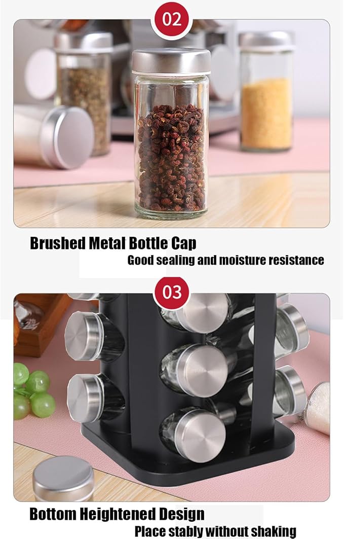 Spice Rack, Rotating Countertop Spice Rack Organizer, 16 Jars, Black, Stainless Steel