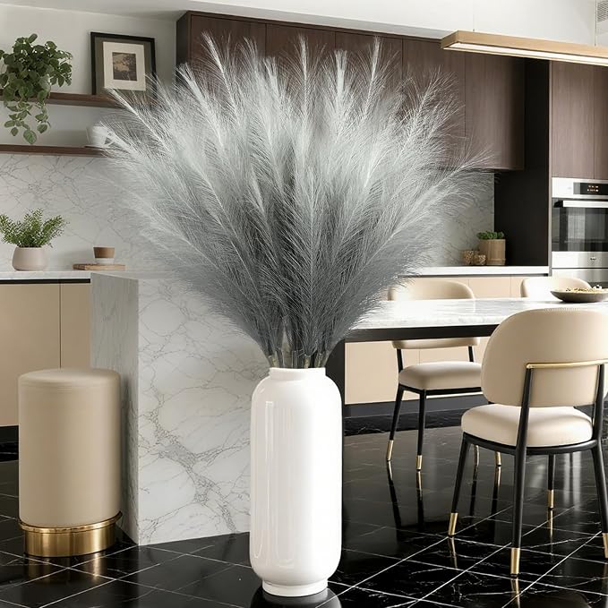 TORONTOKYO 8Pcs Grey Faux Pampas Grass Tall Decor, 35.4” Fluffy Artificial Pompous Grass Branches, Large Pampas Grass Reed Stems for Floor Vase Filler, Wedding, Baby Shower, Home and Boho Decor
