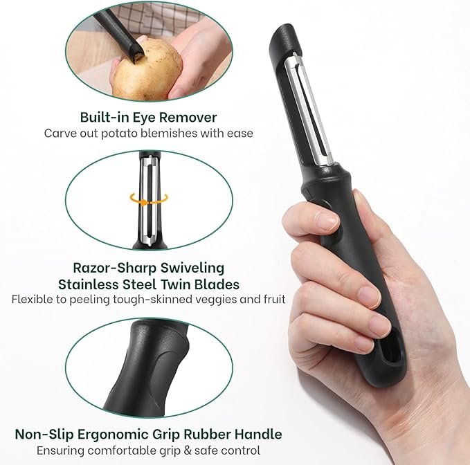 Beneno Swivel Vegetable Peeler, Razor-Sharp Smooth Peeling Potato Peelers with Stainless Steel Blades, Ergonomic Comfort Non-Slip Rubber Handle, Kitchen Peelers with Potato Eye Remover (2, Black)