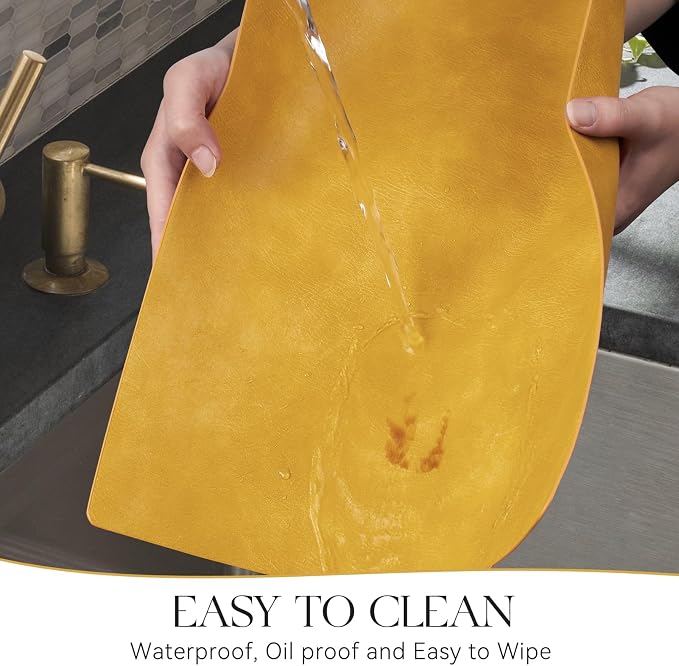 MOSAYT Vinyl Placemats Set of 12-12 X 17 Inch - Faux Leather 100% Waterproof Oil-Proof Wipeable PU Place Mats, Heat Resistant Reversible Table Mats for Kitchen, Dining, Outdoor, Yellow
